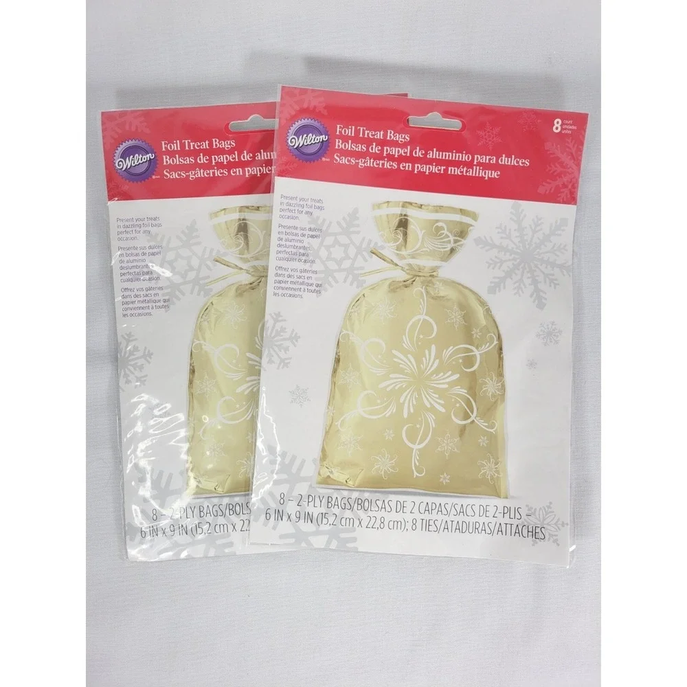 Lot of 2 packs Christmas Gold Foil Treat Bags 8ct Wilton NEW 16 total with ties